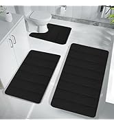 Black Bath Mat Set - 3 Piece Nonslip U Shaped Bathroom Rugs, Thick, Machine Washable
