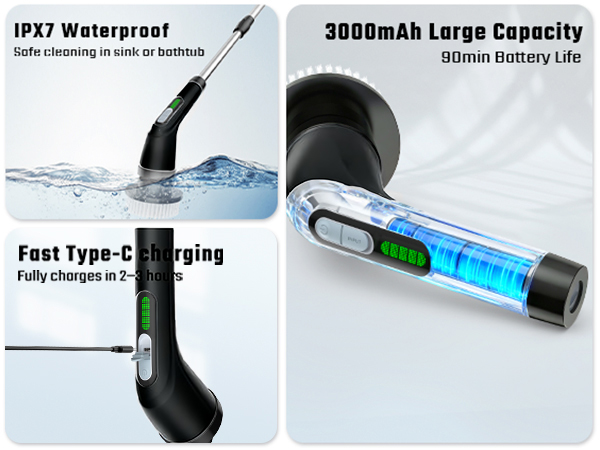 Convenient and durable - waterproof brush head, charged quickly, large capacity battery support