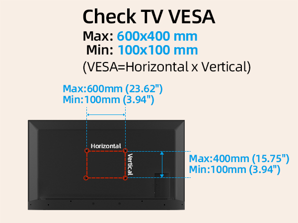 Diagram showing TV VESA mount specifications. Maximum size 600x400 mm, minimum 100x100 mm. Illustrates horizontal and vertical measurements.