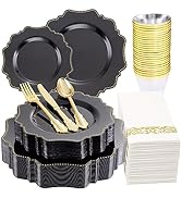 COLOSUS 175PCS Disposable Party Plastic Plates Dinnerware set. 25guests Black Gold Plastic Dinner...