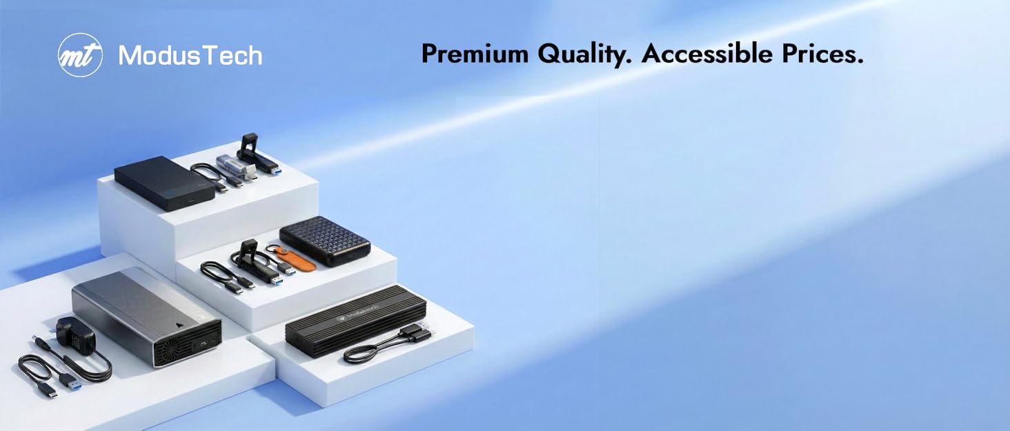 Text reads: 'Premium Quality. Accessible Prices.' Product images showing white electronic or tech components on blue background.