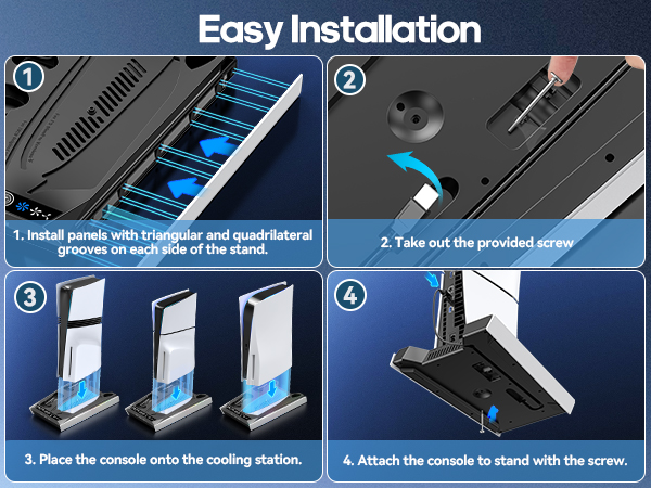 Four-step installation guide for a gaming console cooling station. Shows inserting panels, removing a screw, placing the console, and attaching it to the stand.