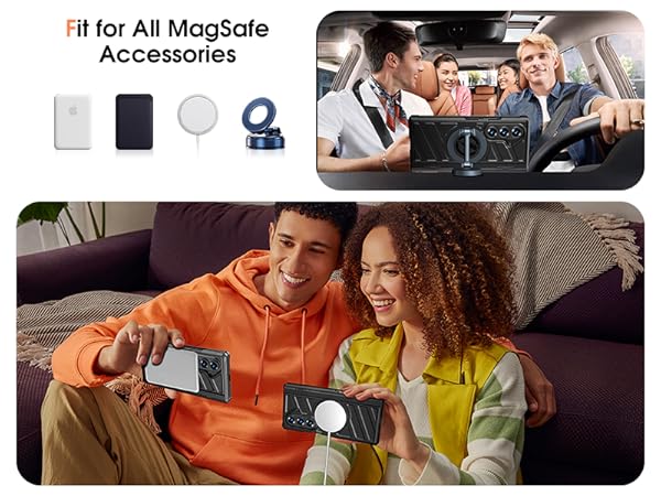 Text reads 'All for All Magsafe Accessories.' Two lifestyle photos showing people using electronic devices with circular magnetic accessories.
