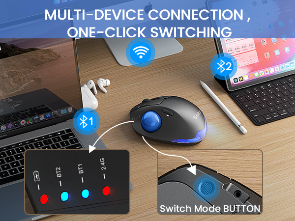 Wireless Trackball Mouse, Ergonomic Bluetooth Rechargeable Computer Mouse-Blue Ball