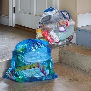 Hefty recycling bags filled with recyclables