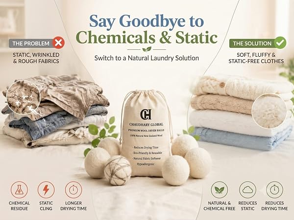 Eco-friendly wool dryer balls as a natural laundry solution to remove wrinkles and static cling