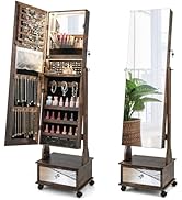 CHARMAID Jewelry Armoire with Full Length Mirror, 3-Color LED Lights, Lockable Jewelry Cabinet wi...