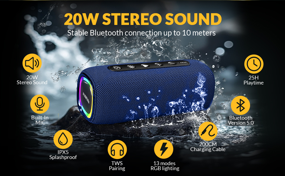 IPX5 splashproof bluetooth speaker 20W stereo sound waterproof outdoor audio for pool and rain