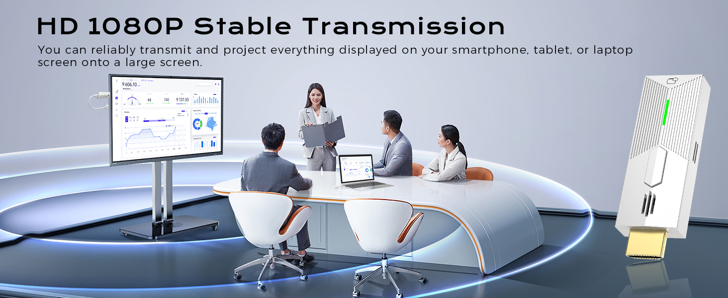 Text reads 'HD 1080P Stable Transmission'. Meeting room setting showing video conference setup with clear display screen and professional environment.