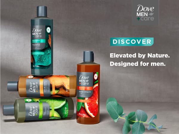 Four Dove Body Wash bottles stacked on dark grey background with piece of eucalyptus and text.
