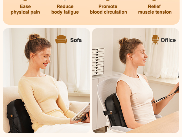 Split image of cushion used on sofa and office chair. Text highlights benefits: ease pain, reduce fatigue, promote circulation, relieve tension. Demonstrates use in home and work settings.