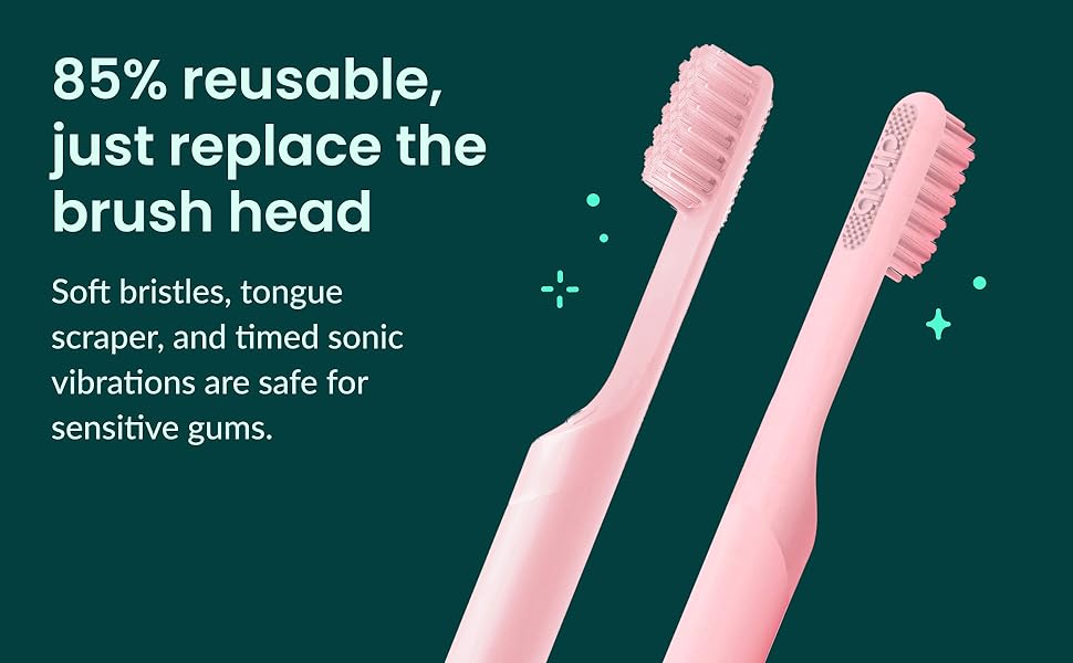 Soft bristles, tongue scraper, and timed sonic vibrations are safe for sensitive gums.