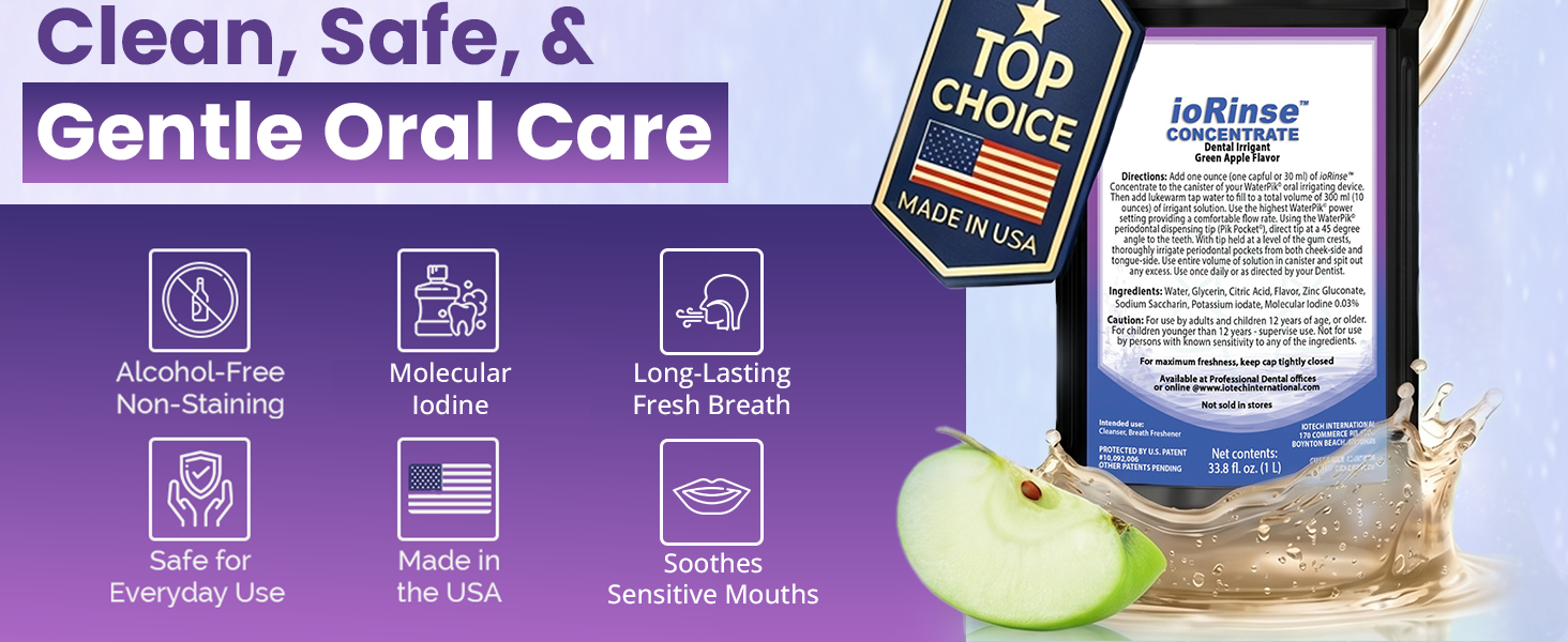 Oral irrigant concentrate with molecular iodine and fresh apple flavor for daily oral care