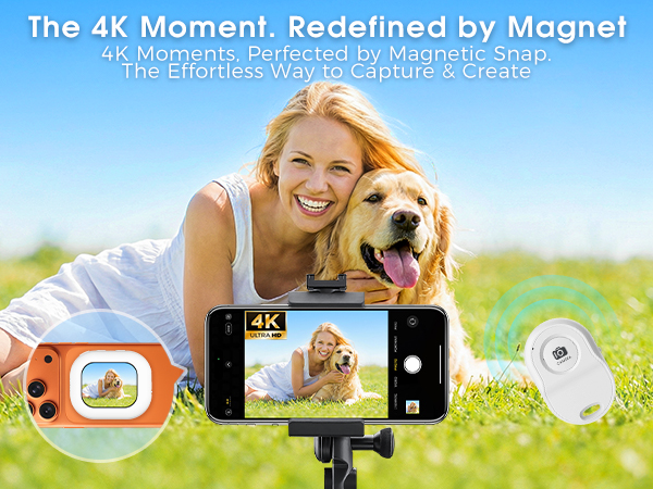 Text reads 'The 4K Moment. Redefined by Magnet' 'Telaio in rete di alta qualità, materiale robusto e durevole.' Action camera mount product images showing outdoor usage.