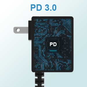 Black rectangular device with 'PD' printed on it, featuring a circuit board pattern. It has a USB plug and attached cable, likely a power adapter or charger.