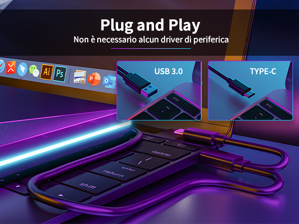 Computer connection cable with both USB 3.0 and Type-C connectors, shown in purple LED lighting with 'Plug and Play' text.