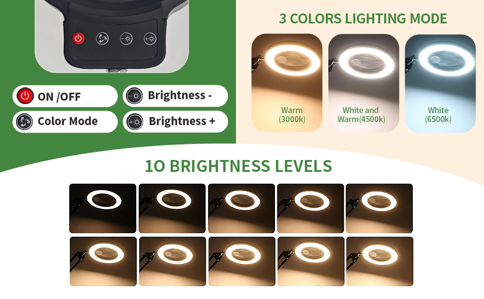72 LED 3 Color Modes Stepless Dimmable, Hands-Free Magnifying Glass Desk Lamp