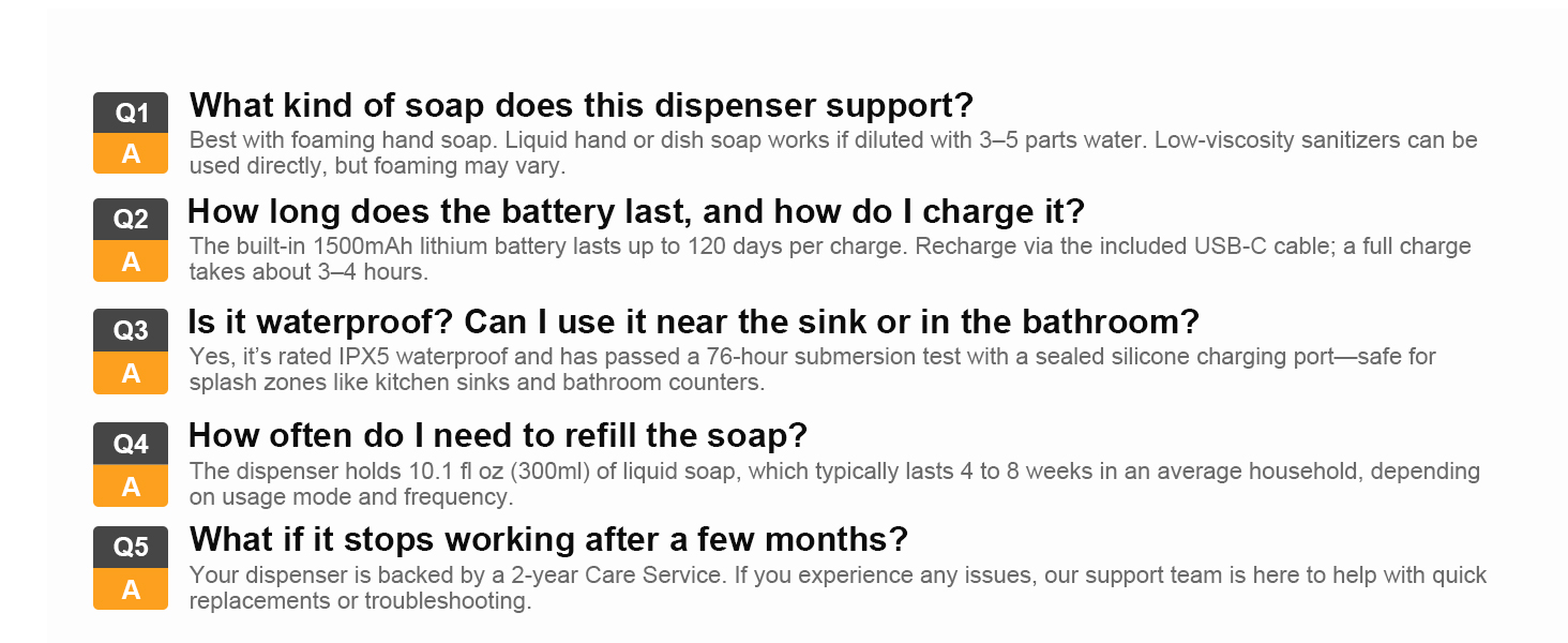 Works with foaming soap, long battery, waterproof IPX5, easy refill, safe for sink use