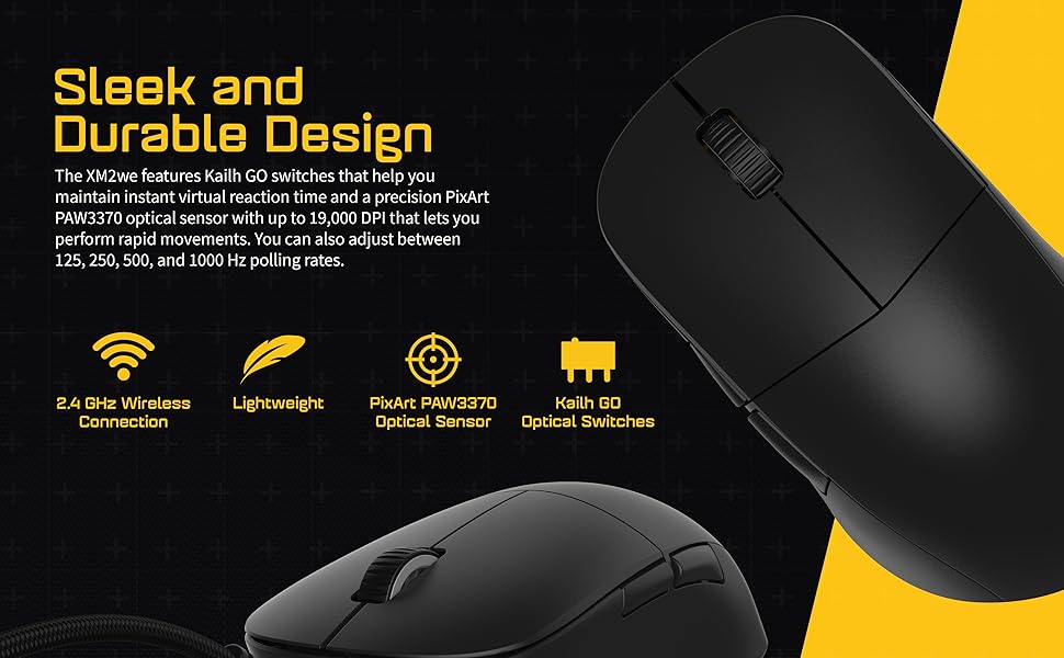 A black wireless mouse and its specs. Text reads: Up to 19,000 DPI and PAW3370 optical sensor.