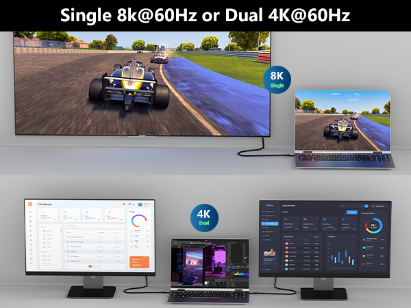 Supports 8K or dual 4K monitor output via right-angle Thunderbolt 4 cable.