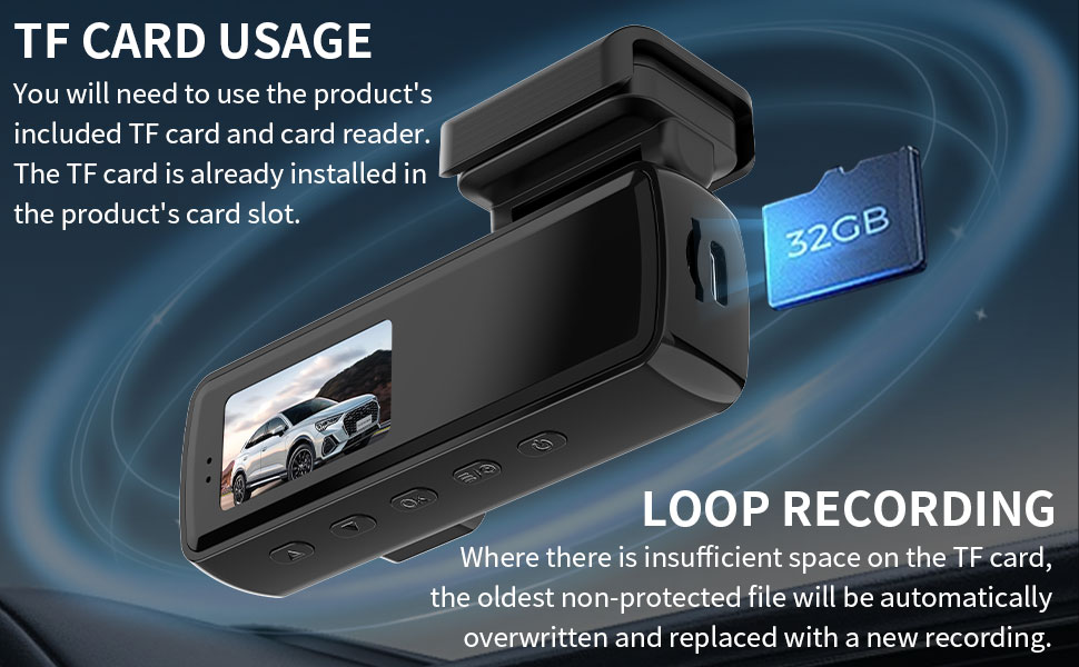 GITESI Dash Cam 32GB TF Card &amp;amp; Loop Recording