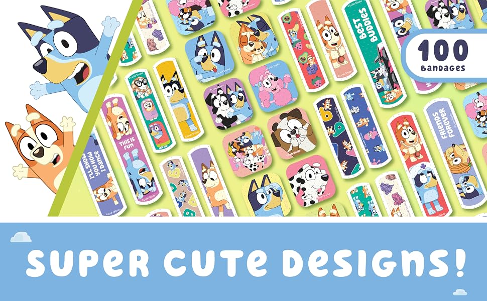 Assorted Bluey bandages in various shapes and designs with “100 Bandages” text.