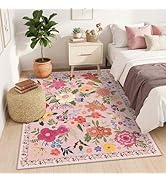Latte&amp;Fog Pink 4x6 Washable Rug for Entryway, Floral Cute Rugs for Girls Bedroom,Kids Room,Nurser...