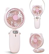 Handheld Fan Mini, Cute Hand Fan Portable, Powerful USB Rechargeable Fan with 4 Speeds and LED Di...