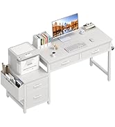 Lufeiya White Computer Desk with Fabric File Drawers Cabinet, 57 Inch Home Office Desks with Fili...