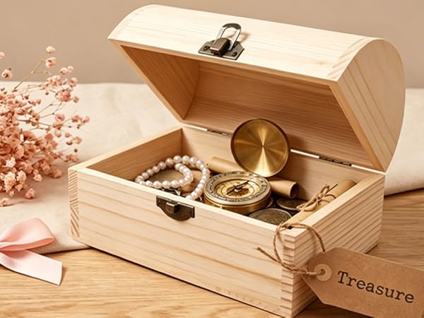 Wooden Treasure Chest Box with Hinged Lid &amp;amp;amp; Vintage Clasp, Unfinished Pine Wood Storage Box