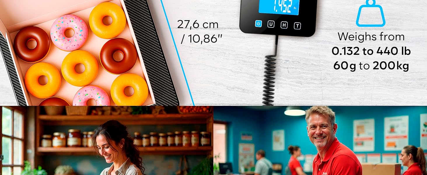 Text reads '27.6 cm/10.86" Weighs from 0.132 to 0.44 lb 60g to 200kg' Technical specifications displayed with measurement information.