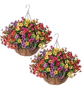 HyeFlora 2 Set Artificial Outdoor Flowers Hanging Basket, Faux Hanging Plants for Outside Spring ...
