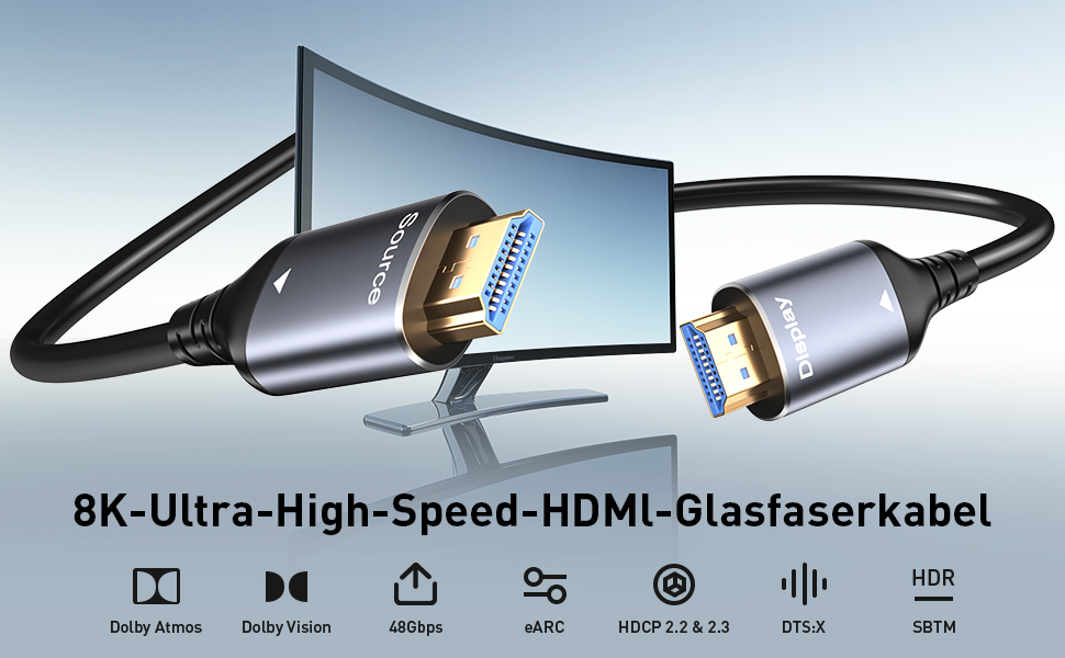 8K Ultra-High-Speed HDMI fiber optic cable with metallic connectors. Product features include HDR, VRR, and eARC support, displayed with icons.