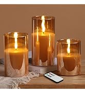 Eywamage Gold Glass Flameless Pillar Candles with Remote, Flickering Christmas LED Candles Batter...