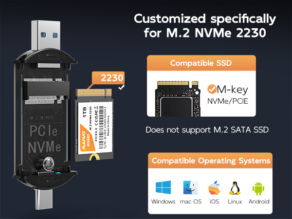 M.2 NVMe 2230 Enclosure Lightning Fast USB 3.2 Gen2X1 to USB-A SSD Reader with Max 10Gbps Speed