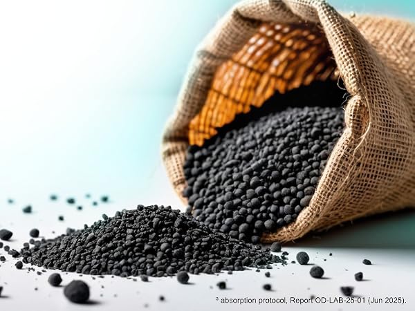 Macro coconut charcoal granules headline Destroys Odors Fast