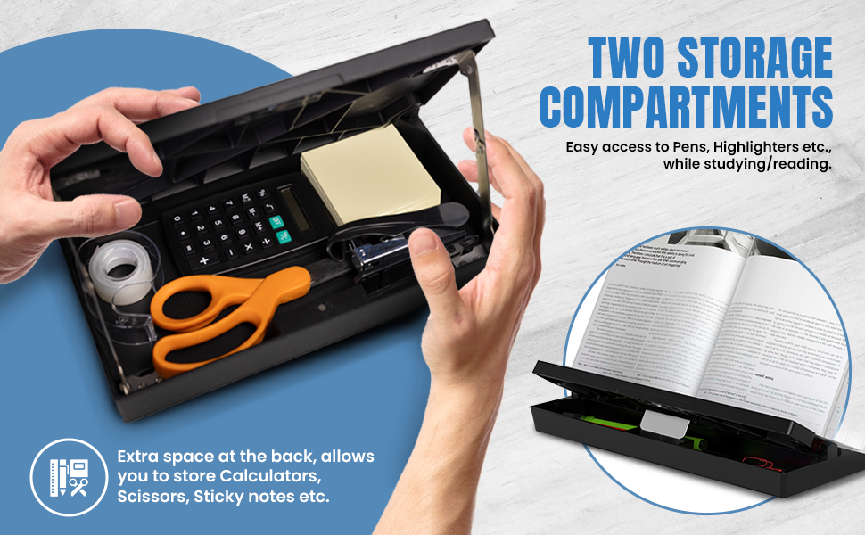 Desktop book stand with storage compartments