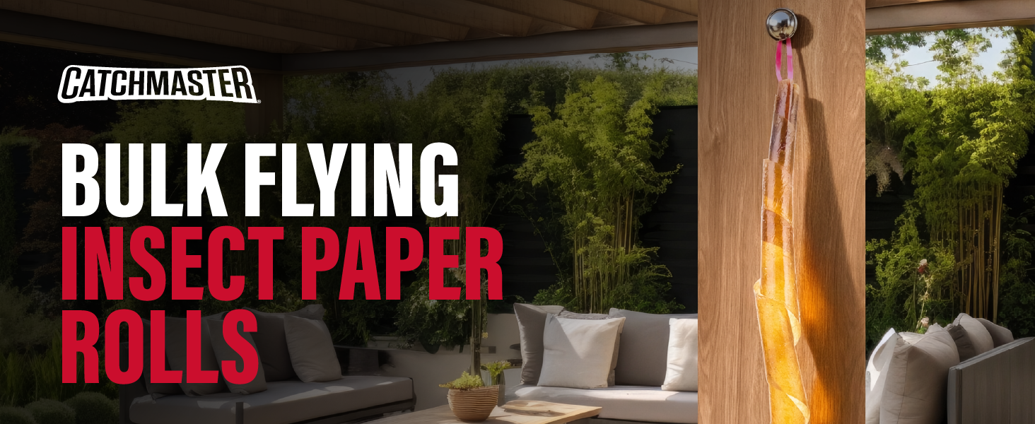 Catchmaster bulk flying insect paper roll hanging from a patio post beside outdoor seating.