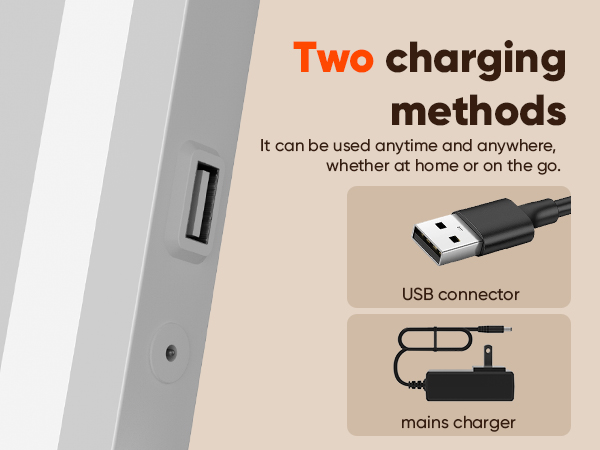 Text reads 'Two charging methods' 'It can be used anytime and anywhere, whether at home or on the go.' 'USB connector' 'mains charger'. Diagram showing charging options.