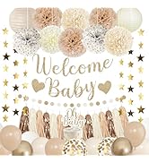 Amandir Baby Shower Decorations Neutral Beige Balloons Welcome Baby Banner, Cake Topper, Paper La...