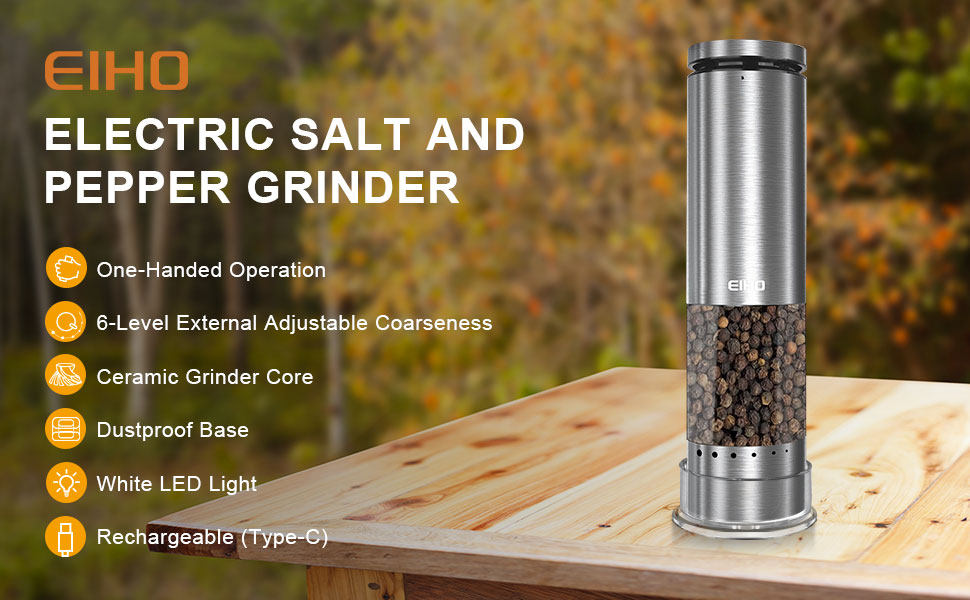Electric Salt and Pepper Grinder Set Rechargeable 6-Level External Adjustable Coarseness LED Light