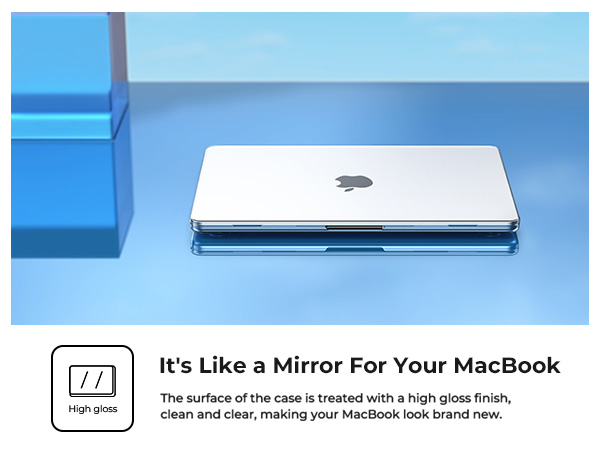 Silver MacBook laptop case with mirror-like high gloss finish, shown on blue background. Product advertised as protective surface enhancement.
