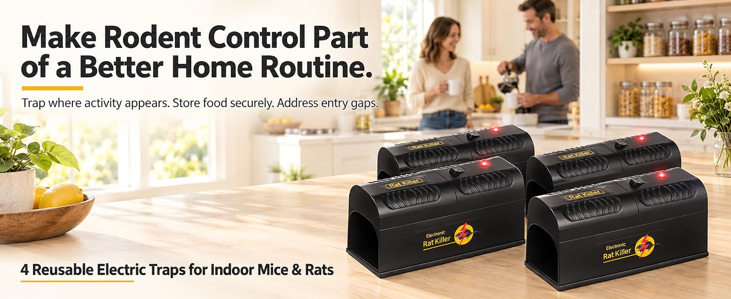 Family in an organized kitchen with sealed food storage and four reusable electric rodent traps.