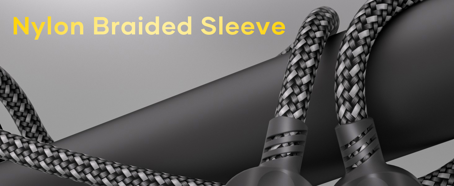 Close-up of black braided nylon sleeve material with textured pattern. Text overlay identifies the material type.