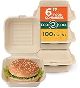 ECO SOUL 100% Compostable Clamshell Take Out Food Containers [6X6 100-Pack] Heavy-Duty Disposable...