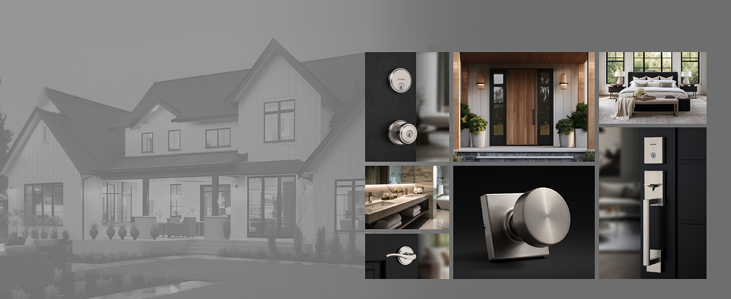 Collage of Kwikset satin nickel door hardware alongside stylish home interior and exterior images.