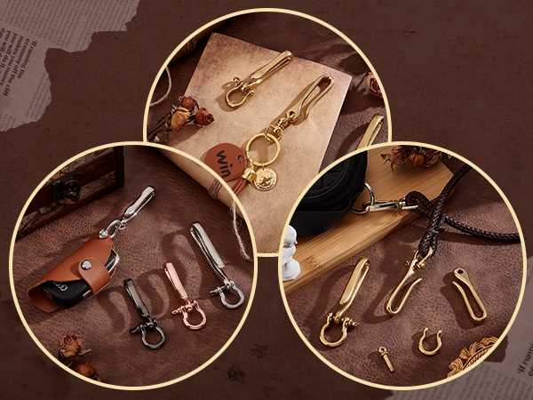 Collection of metal keychain accessories displayed in three circular frames. Includes various shapes like hooks, clips, and decorative charms.