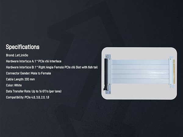 LetLinkSo Gen4 PCIe 4.0 Riser Cable x16 Flexible Extension 90 Angle Adapter fishtail for vertical