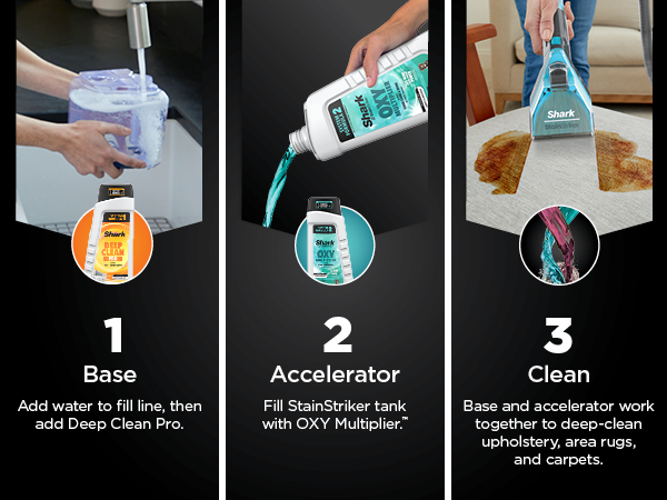 1.Add Water, then add Deep Clean Pro 2. Fill with Oxy Multiplier 3. Clean