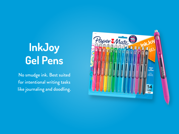 inkjoy gel pens teacher student colorful blue background no smudge intentional writing task journal